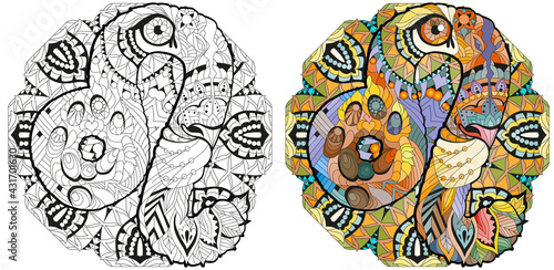 Leo zodiac sign with mandala cute cartoon lion character retro zentangle stylized in vector
