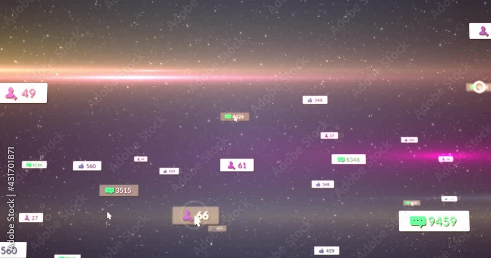 Animation of cursors moving over social media icons and numbers on banners over stars on night sky Animation of cursors moving over social media icons and numbers on banners over stars on night sky