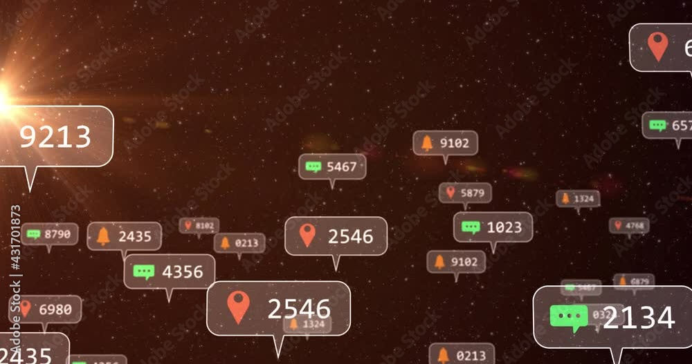 Animation of social media icons and numbers on grey banners over stars on night sky Animation of social media icons and numbers on grey banners over stars on night sky