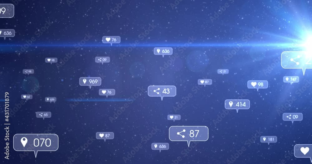 Animation of social media icons and numbers on grey banners over stars on night sky Animation of social media icons and numbers on grey banners over stars on night sky