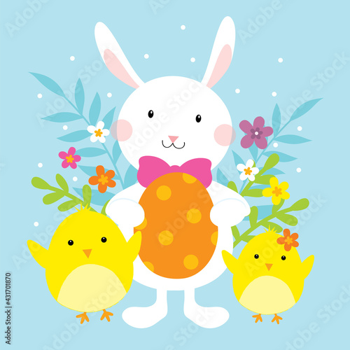cute easter greeting card with easter bunny and little chicken design