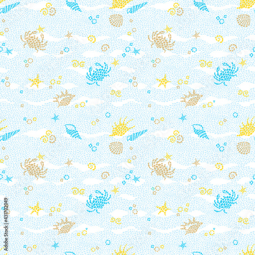Blue seamless sea life background with sea elements. Ornate maritime decor from drops. Spotty sea backdrop