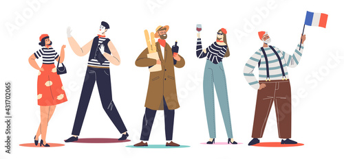 Typical french people set: mimes, women in berets holding baguettes and red wine