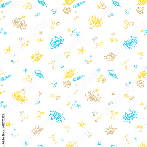 Blue seamless sea life background with sea elements. Ornate maritime decor from drops. Spotty sea backdrop