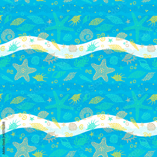 Blue seamless sea life background with sea elements. Ornate maritime decor from drops. Spotty sea backdrop