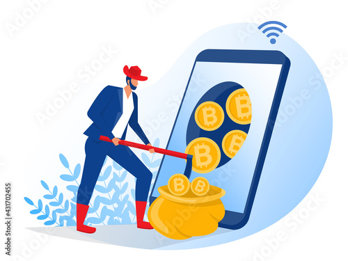 businessman  dig bitcoin coins out of laptop screen, cryptocurrency concept