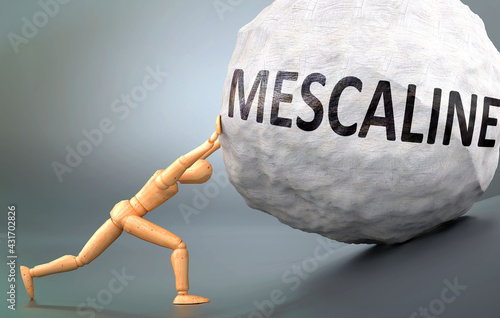 Mescaline and painful human condition, pictured as a wooden human figure pushing heavy weight to show how hard it can be to deal with Mescaline in human life, 3d illustration