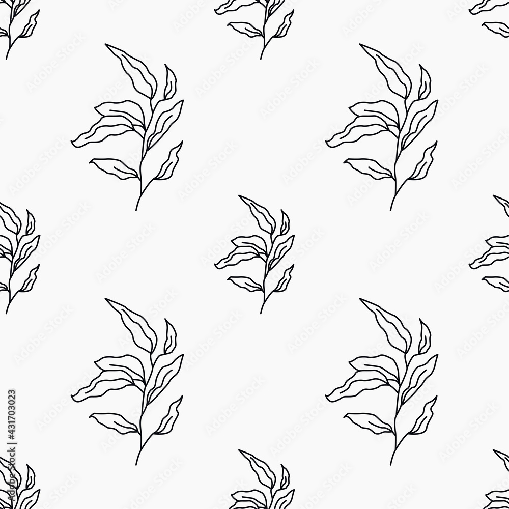 Floral seamless pattern. Simle black linear flower isolated on white background for wrapping, greenery and wallpaper. Nature texture vector seamless pattern. Linear black foliage for cover and decor