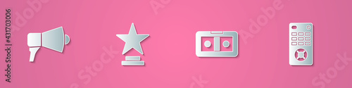 Set paper cut Megaphone, Movie trophy, VHS video cassette tape and Remote control icon. Paper art style. Vector