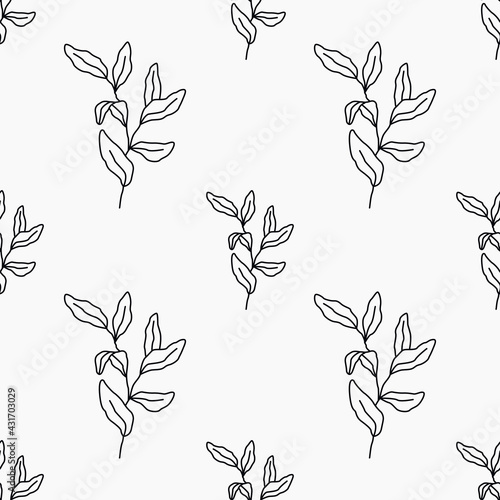 Floral seamless pattern. Simle black linear flower isolated on white background for wrapping, greenery and wallpaper. Nature texture vector seamless pattern. Linear black foliage for cover and decor