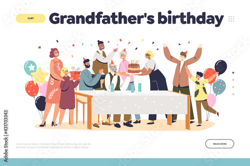Grandfather birthday concept of landing page with big family gathering for granddad anniversary