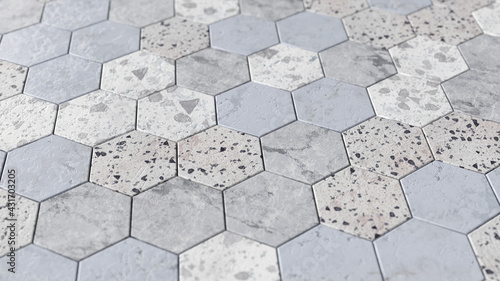 Textured hexagon pattern with ceramic terazzo, concrete and marble tiles. 3d render.