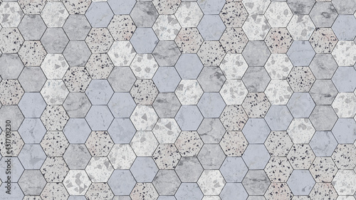 Textured hexagon pattern with ceramic terazzo, concrete and marble tiles. 3d render.