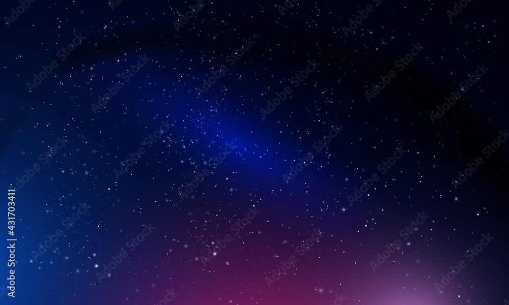 Pink light with nebula in the night starry sky, vector art illustration. 
