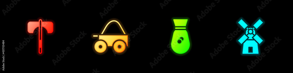 Set Medieval axe, Wooden four-wheel cart, Old money bag and Windmill icon. Vector Set Medieval axe, Wooden four-wheel cart, Old money bag and Windmill icon. Vector