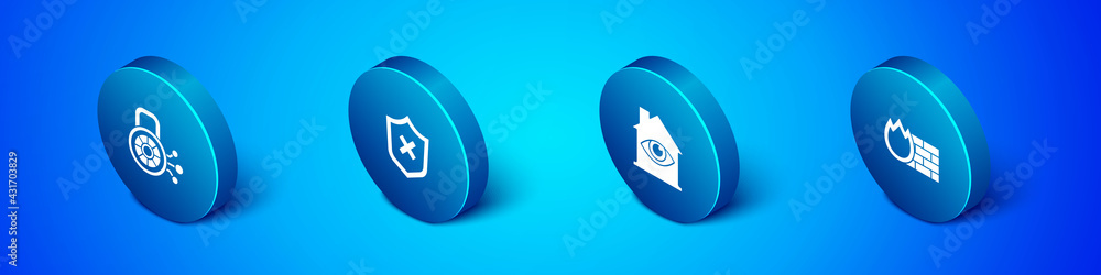 Set Isometric Cyber security, House with eye scan, Firewall, wall and Shield cross mark icon. Vector Set Isometric Cyber security, House with eye scan, Firewall, wall and Shield cross mark icon. Vector