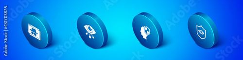 Set Isometric Browser incognito window, Head with shield, Shield and eye and Eye scan icon. Vector