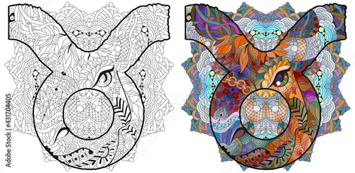 Taurus zodiac sign with mandala cute cartoon character retro zentangle stylized in vector for coloring