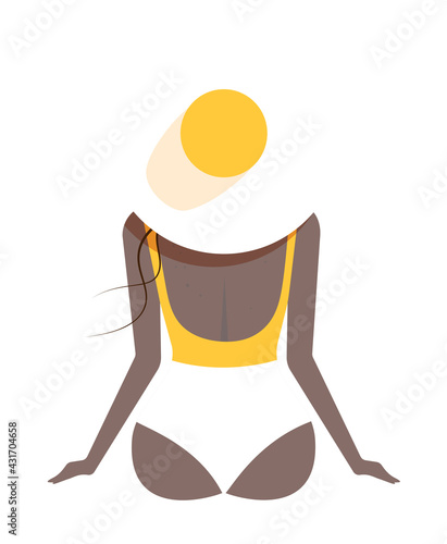 dark-skinned woman in a swimsuit and hat with large fields. The concept of relaxing on the beach.Vector illustration