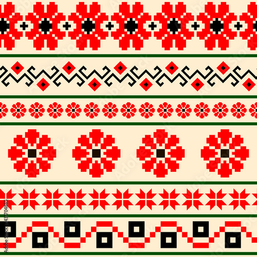Bulgarian slavic balkan national folklore embroidery style red, white, green and black ornamental seamless vector pattern