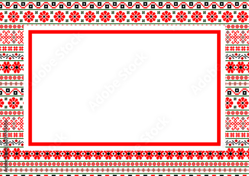 Bulgarian balkan national folklore embroidery style red, white and black ornamental border vector frame A4 format