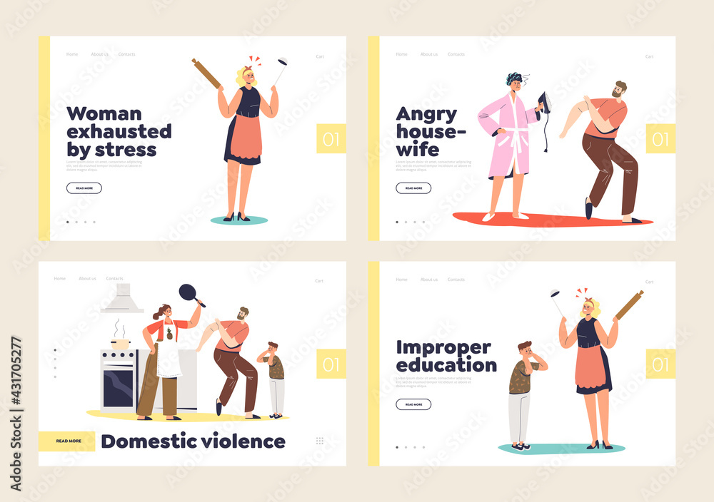 Domestic violence, home kids harassment concept of set of landing page with wife and husband arguing