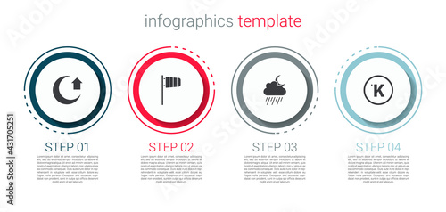 Set Moon, Cone windsock wind vane, Cloud with rain and moon and Kelvin. Business infographic template. Vector