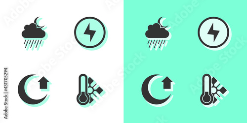 Set Meteorology thermometer, Cloud with rain and moon, Moon and Lightning bolt icon. Vector