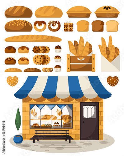 Set of bread products, bakery items, coffee shop elements and bakery showcase. Illustration for a bakery or cafe.