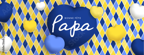 Bonne fête Papa, sous forme de carte ou bannière, poster ou flyer, avec des losanges et des gros coeurs jaunes, bleus et blancs