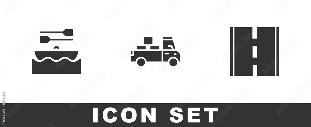 Set Boat with oars, Delivery truck and Road icon. Vector Set Boat with oars, Delivery truck and Road icon. Vector