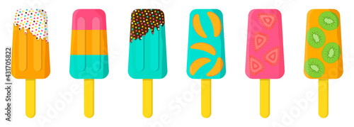 Summer frozen bright colorful ice cream vector set with different designs and fruits