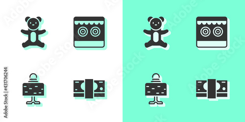 Set Stacks paper money cash, Teddy bear plush toy, Magic ball table and Shooting gallery icon. Vector