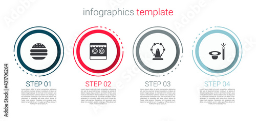 Set Burger, Shooting gallery, Ferris wheel and Magic hat and wand. Business infographic template. Vector