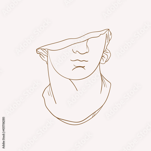 Linear drawings of heads of antique statues of the goddess and mythical god in the engraving style. Creative minimal linear woman vector with growing branch from her head.