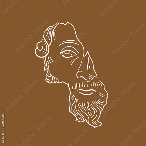 Linear drawings of heads of antique statues of the goddess and mythical god in the engraving style. Creative minimal linear woman vector with growing branch from her head.