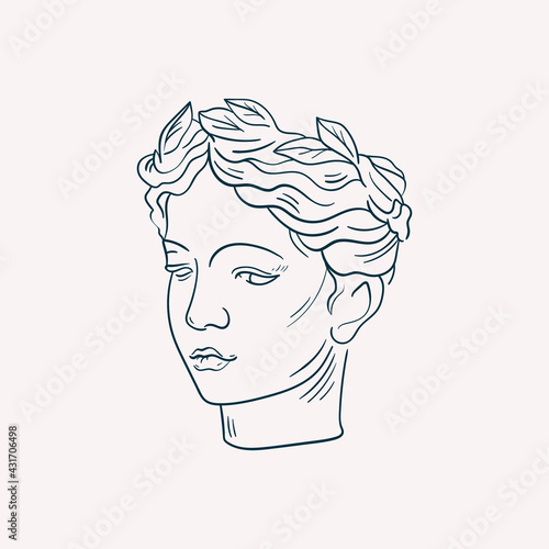 Linear drawings of heads of antique statues of the goddess and mythical god in the engraving style. Creative minimal linear woman vector with growing branch from her head.