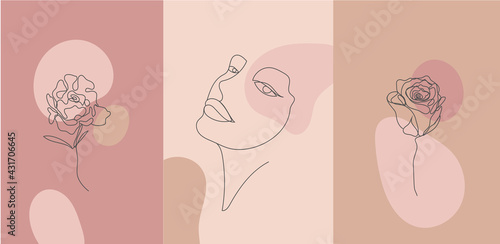 Vector minimalist style portrait. Line flower, woman portrait. Hand drawn abstract feminine print. Use for social net stories, beauty logos, poster illustration, card, t-shirt