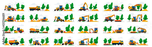 Set of construction equipment work at the site. Collection of machines for construction on a landscape. Excavator, bulldozer, tractor, loader, concrete mixer, asphalt paver, signs.Vector illustration