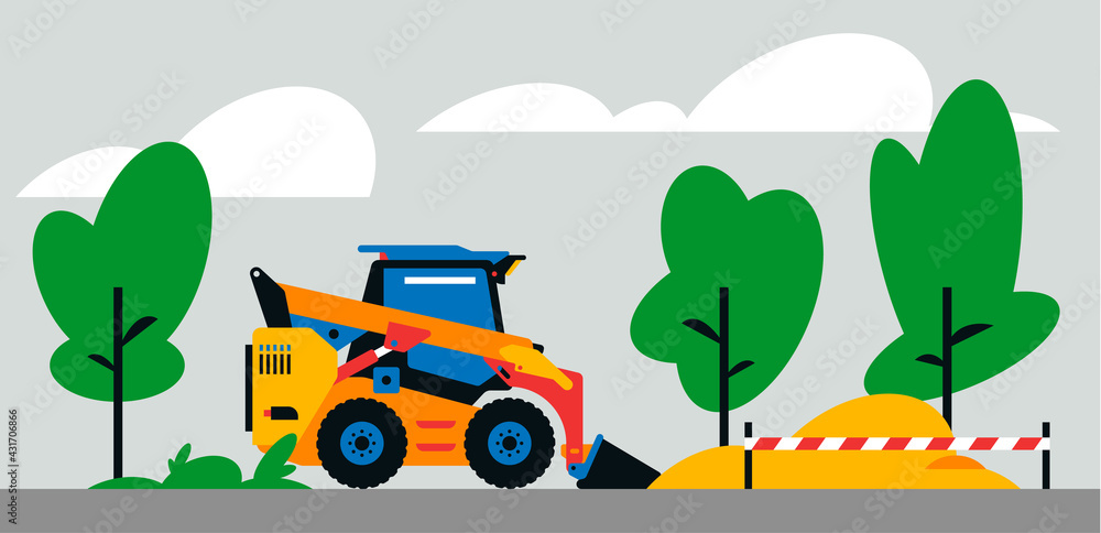 Naklejka premium Construction machinery works at the site. Construction machinery, compact excavator, loader on the background of a landscape of trees, sand. Vector illustration on background