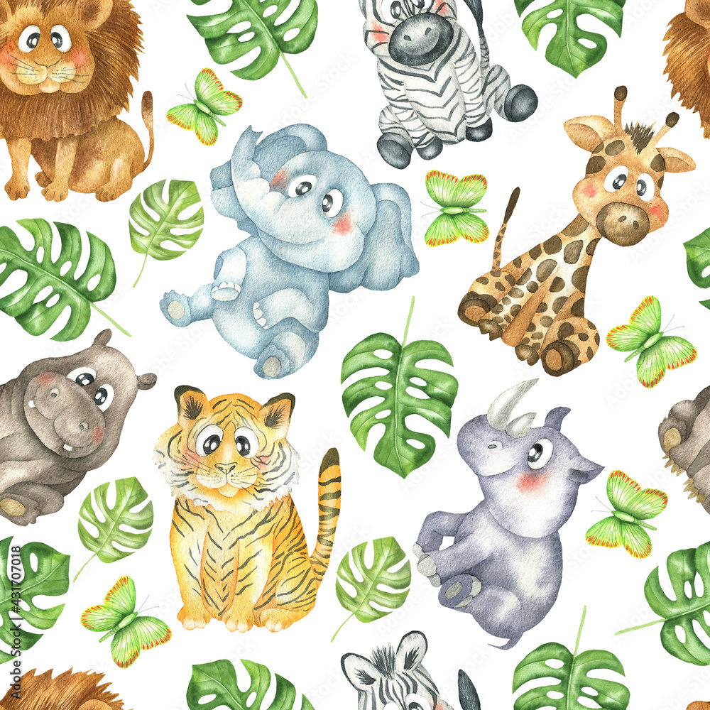 Fototapeta premium Animals and leaves pattern