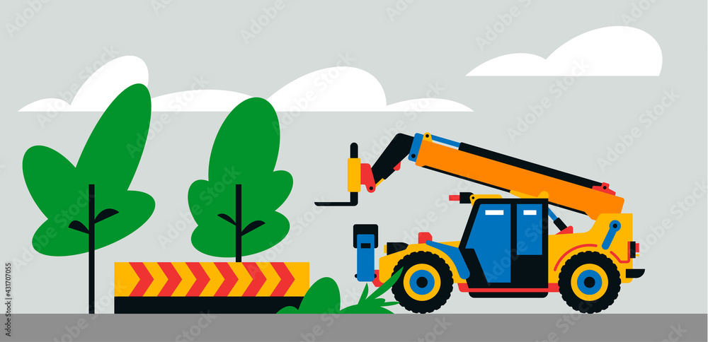 Construction machinery works at the site. Construction machinery, telehandler on the background of a landscape of trees, sand. Vector illustration isolated on background