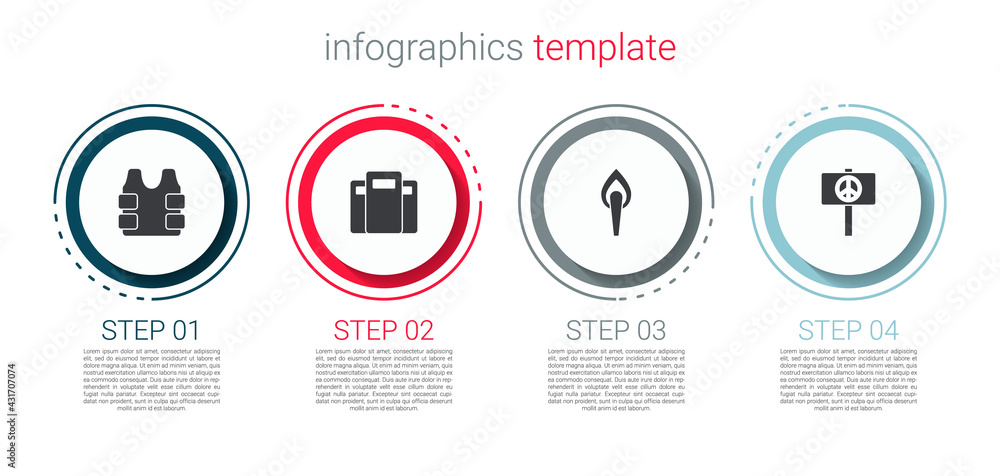 Set Bulletproof vest, Police assault shield, Torch flame and Peace. Business infographic template. Vector Set Bulletproof vest, Police assault shield, Torch flame and Peace. Business infographic template. Vector