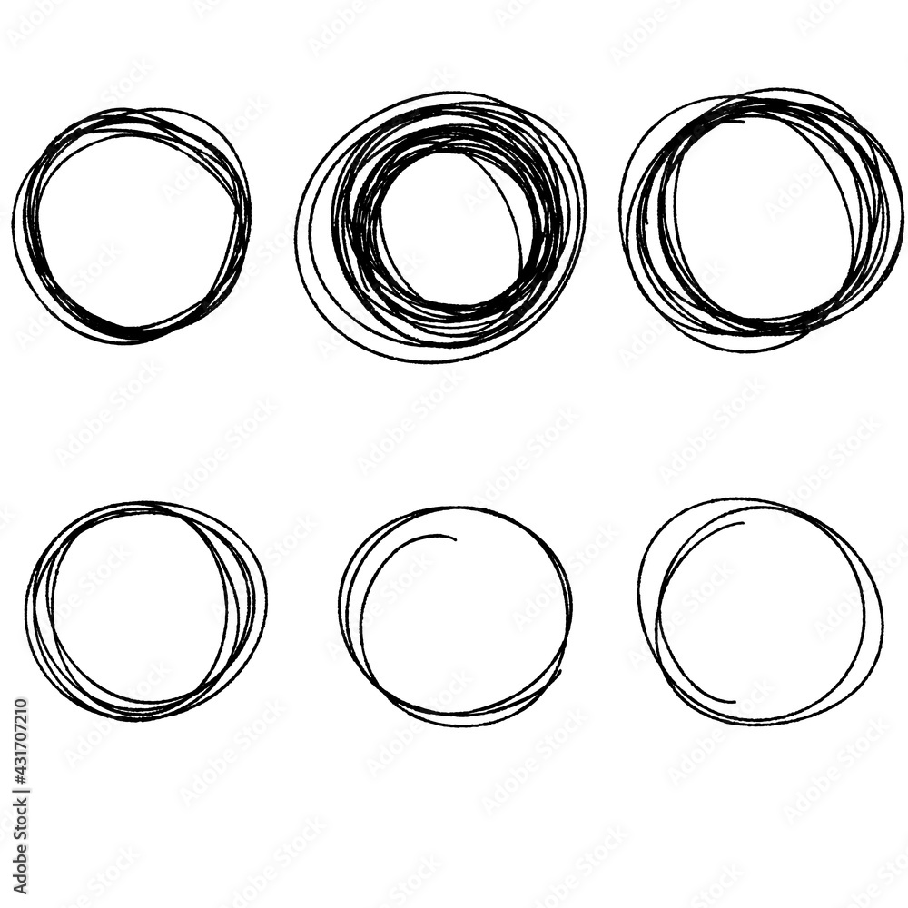 Drawn circle. Abstract geometric shape with uneven edges. Black line. Chaotic form. Set of objects for formatting notes Drawn circle. Abstract geometric shape with uneven edges. Black line. Chaotic form. Set of objects for formatting notes