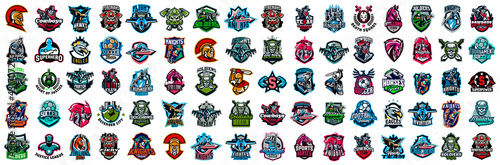 Huge set of colorful sports logos, emblems. Logos of knights, horses, soldier, skull, superhero, soccer ball, cowboy, firefighter, aircraftastronautswordsVector illustration isolated on background