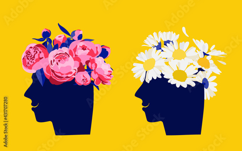 Mental health concept. Abstract image of a head with flowers inside. Peonies, flowers and leaves as a symbol of inspiration, calmness, favorable mental behavior.