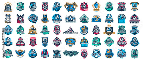 Huge set of colorful sports logos, emblems. Extreme and team sports logos. Mountain bike, surfing, soccer ball, skier, eagle, firefighter, skull. Vector illustration isolated on background.