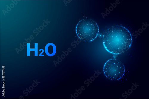 Water molecule  abstract background. Wireframe low poly style.  Science, biotechnology, chemistry,  medical concept. Isolated on dark blue background. Vector illustration.