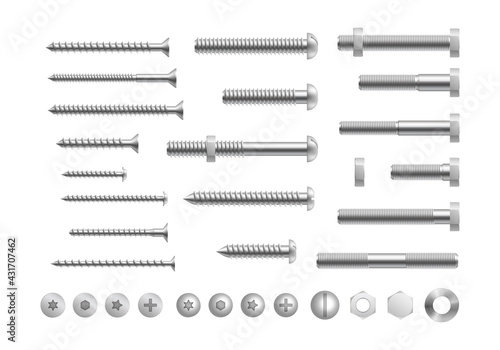 Metal bolt and screw. Realistic steel nails, rivets, stainless self tapping screw heads with nuts