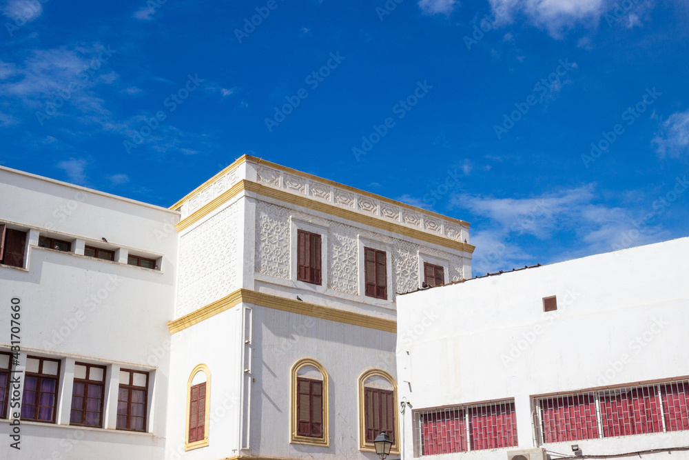 Historic white  building in the medina of Casablanca, Morocco. This house built by the Maghzen had been ceded, in 1902, to the German Government to install its consulate there before 1920.